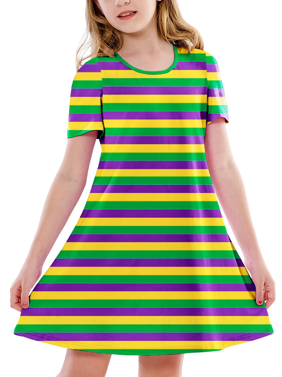 Girl Mardi Gras Dresses Short Sleeve Purple Green Yellow Stripes Tshirt Dress 3-14 Years