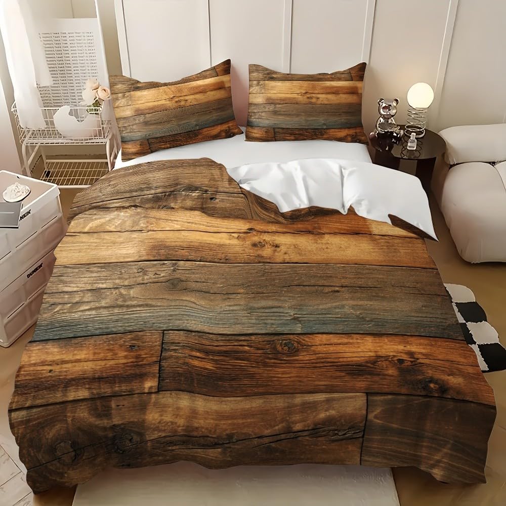 Housse de couette 90x190 cm panneau de bois vintage marron avec taies d'oreiller microfibre