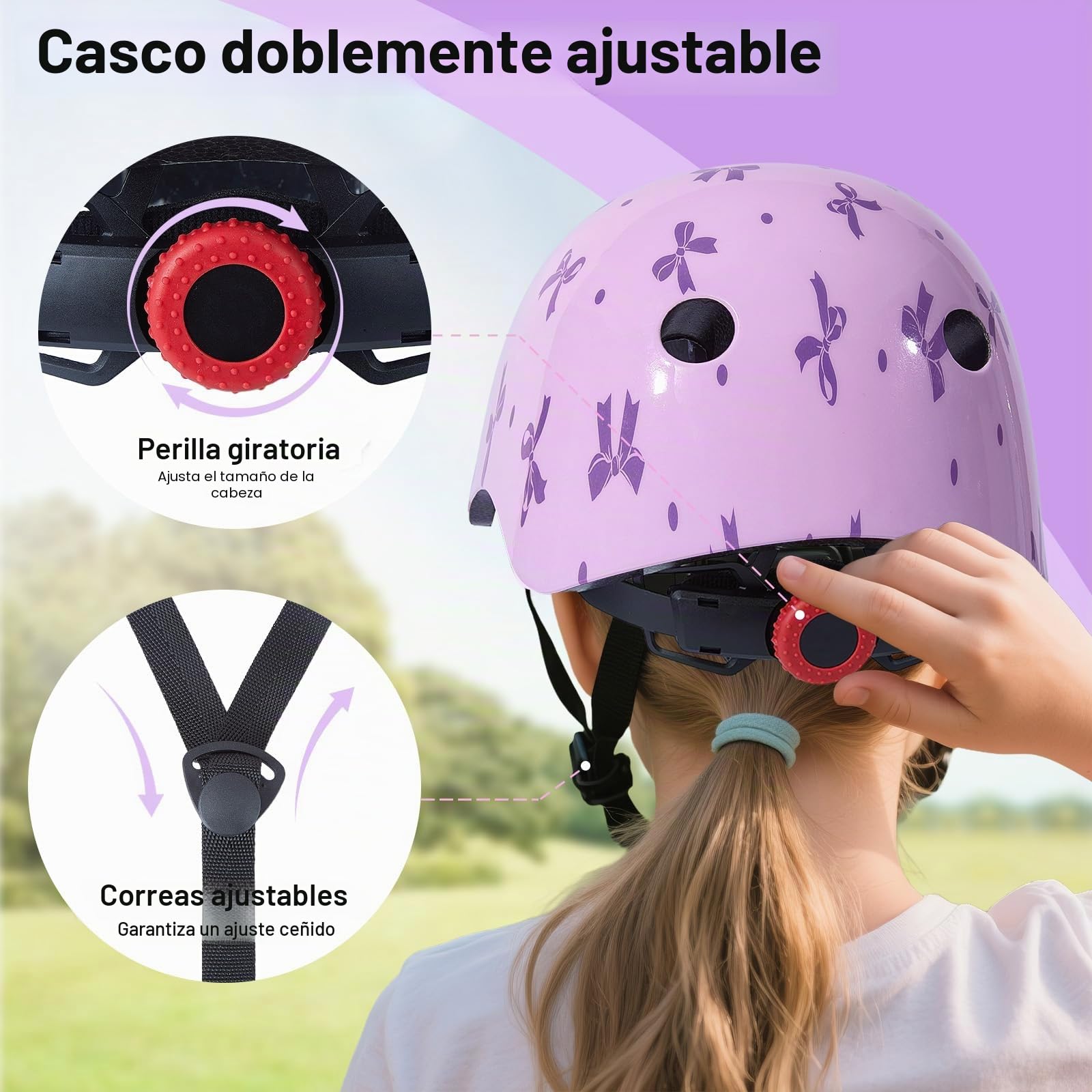 Juego de casco para niños de 3 a 8 a 14 años con rodilleras y coderas | Bonito casco de bicicleta para niñas con lazo de bricolaje, cascos ajustables para niños, para bicicleta, patineta, patineta