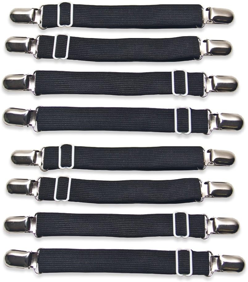 Brilliant future Adjustable Bed Corner Holders Sheet Straps Fasteners Grippers Clips Suspenders Straps Elastic band Metall Clips Mattress Corner Straps (Black, 8)