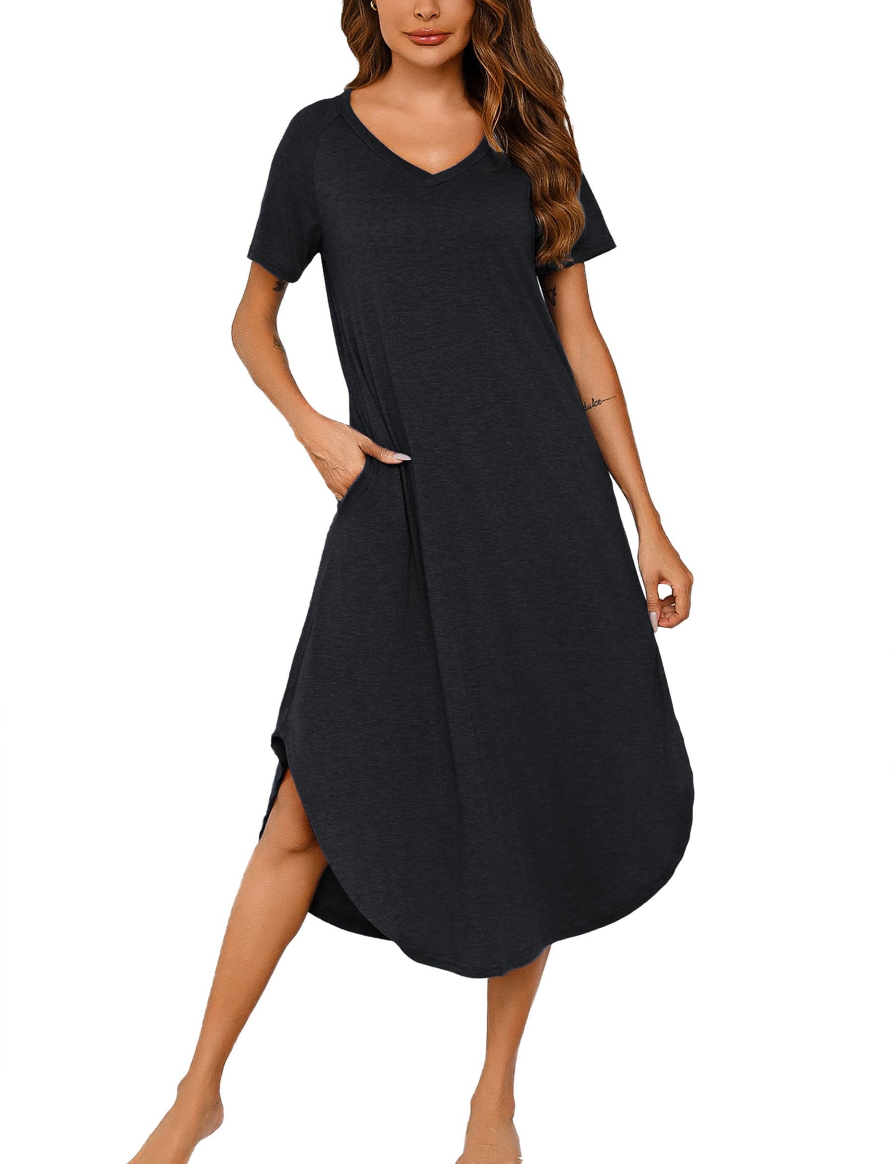 Nieery Nachthemd Damen Lang Baumwolle V-Ausschnitt Sommer Große Größen Kurze Ärmel Lose Schlafshirt Nachtkleid Lässig Nachtwäsche mit Taschen S-3XL