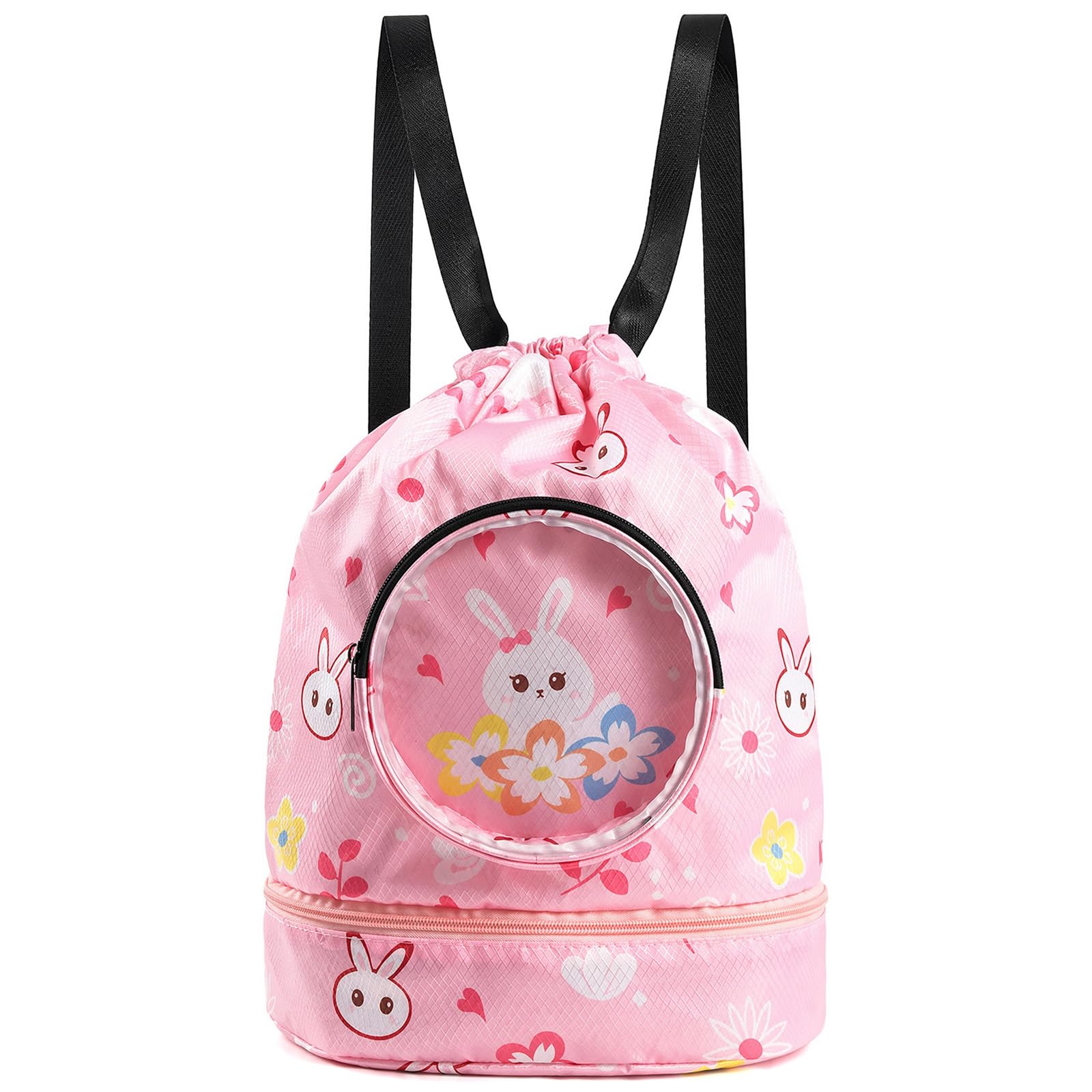 iYuening Swimming Bag for Kids, Drawstring Sports Gym Bag with Swimming Goggle Bag，Shoe Storage and Dry-Wet Separation (Bunny)