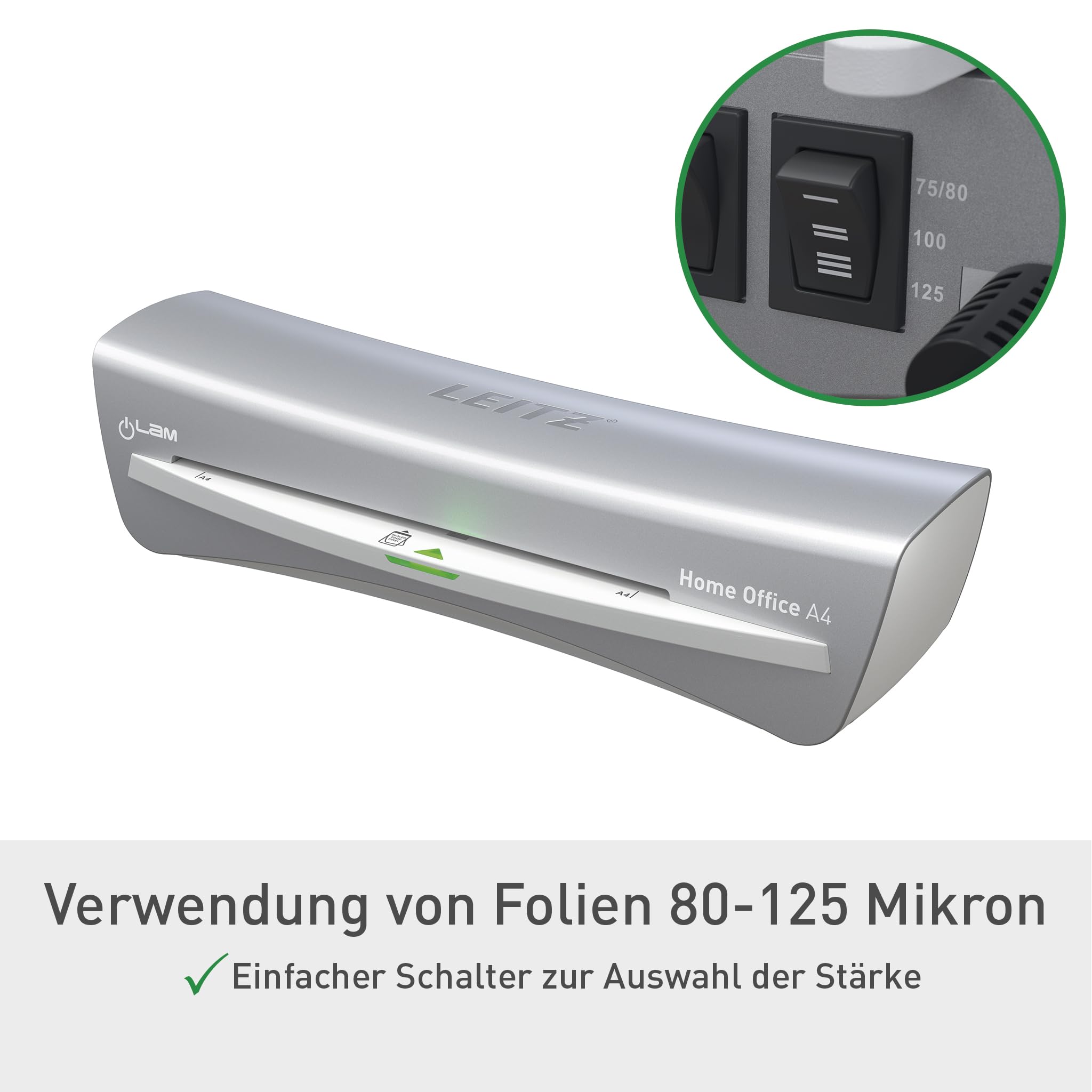 Leitz iLAM A4 Laminiergerät, sehr kurze Aufwärmzeit von 2 Min, 75-125 mic, Smart LED Status, Anti-Stau, Auto-Abschaltung, inkl 5x A4-Laminierfolien, Für Home Office und Büro, Silber und Weiß, 73680089