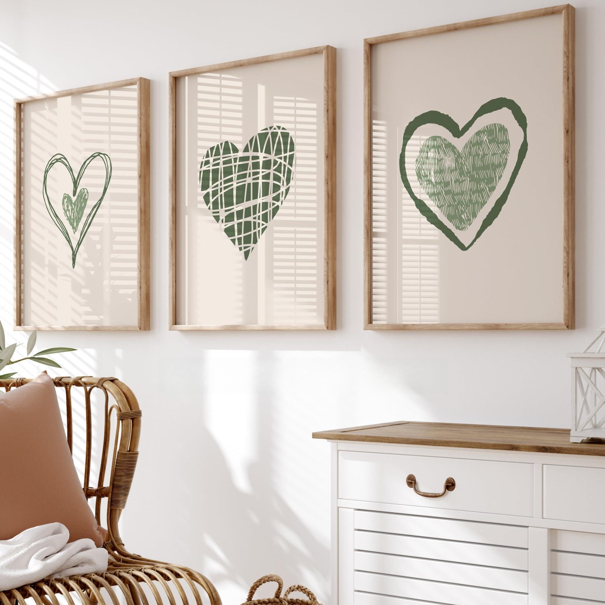 Sage Green Heart Wall Prints, Wall Art, Love Heart Prints, Bedroom Decor, Sage Wall Art, Home Decor, Nursery Art | UNFRAMED, A3, A4, A2 (A2)