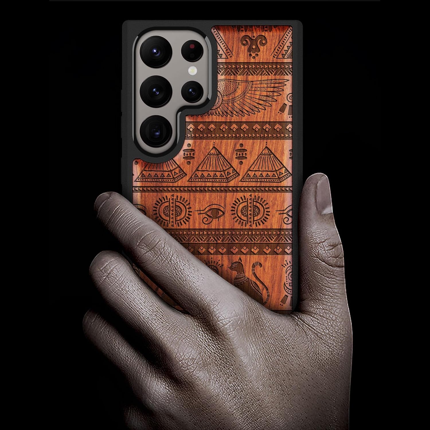 Carveit Wood Case for Galaxy S24 Ultra Case [Natural Wood & Black Soft TPU] Shockproof Protective Cover Unique Wooden Design Compatible with Samsung S24 Ultra (The Symbols of Egypt-Rosy)