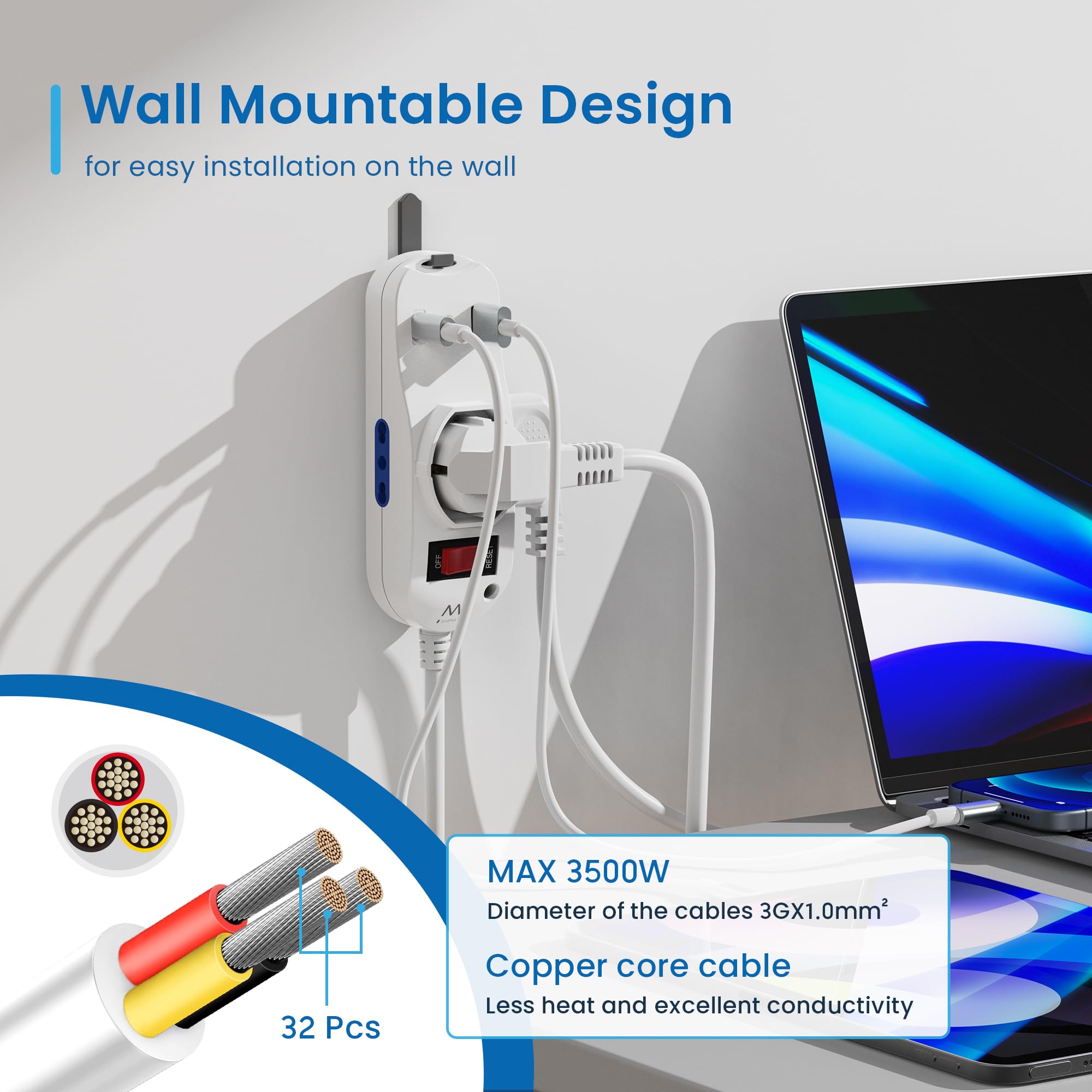 Ewent Listwa zasilająca z 3 gniazdami (2 A/Schuko) i 1 portem USB-A i 1 portem USB-C, przełącznikiem ON/OFF, 2500 W, ochrona przed przeciążeniem i dziećmi, wtyczka IT10A i kabel 1,5 m, biały