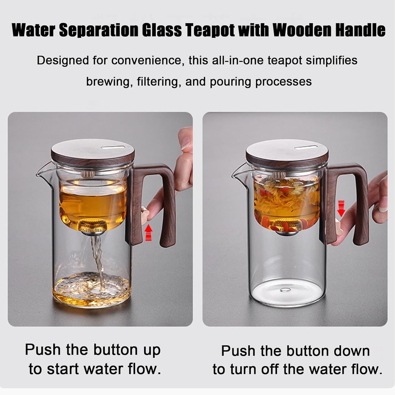 Water Separation Glass Teapot with Wooden Handle, Enchantipot Magic Tea Pot, Magical Teapot Glass with Infuser, Clear Tea Pot with Strainer, Tea Separation Filtration Glass Tea Pot