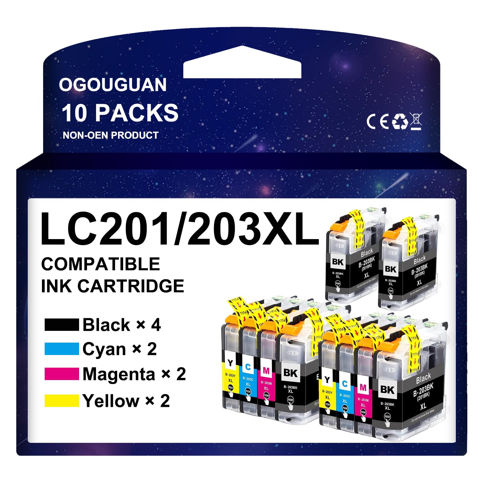 OGOUGUAN LC203 LC201 Compatible Ink Cartridge Replacement for Brother LC203XL LC201XL Work with MFC-J480DW MFC-J680DW MFC-J880DW MFC-J885DW MFC-J4420DW Printer(4BK 2C 2M 2Y, 10 Pack)