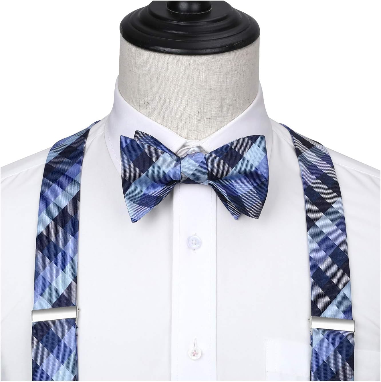HISDERN Bow tie and Suspenders for Men Plaid Suspender Self Bowtie Pocket Square Adjustable Y Shape Mens Trouser Braces - Image 6