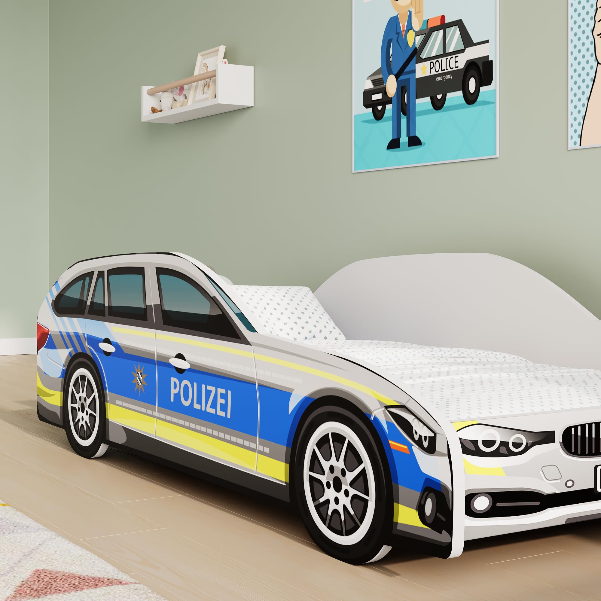 Kids Collective Autobett Kinderbett Jugendbett 70x140 & 80x160 cm mit Rausfallschutz & Matratze | 80x160 cm Polizei Polizeiauto Polizist Kinder Spielbett