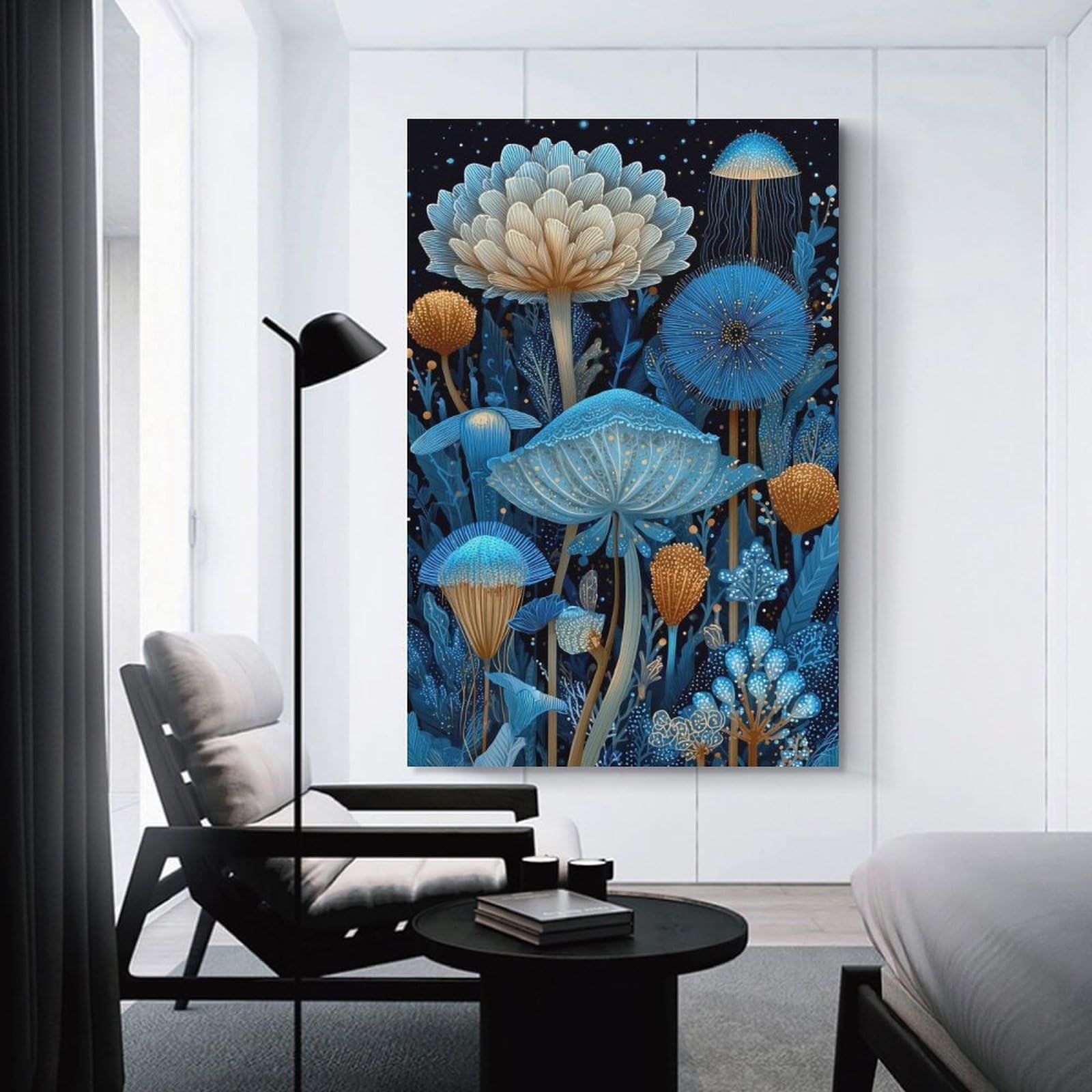 Junmoney Canvas Wall Picture Fantasy Mushroom Garden in Blue And Gold, 08x12inch(20x30cm), for Study, Office Or Focused Interiors, Wall Art That Adds Style to Work Areas