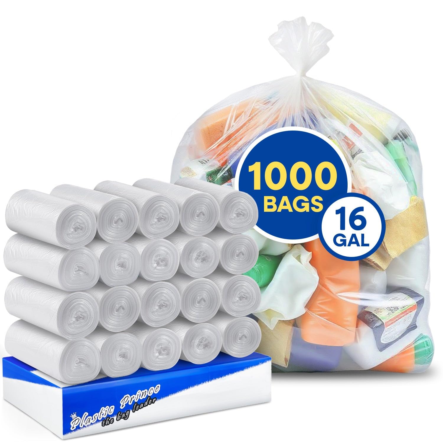 PLASTIC PRINCE 12-16 Gallon Can Liners 8 Mic High-Density Garbage Bags Clear 24" x 31" Trash Bags 1000/Case