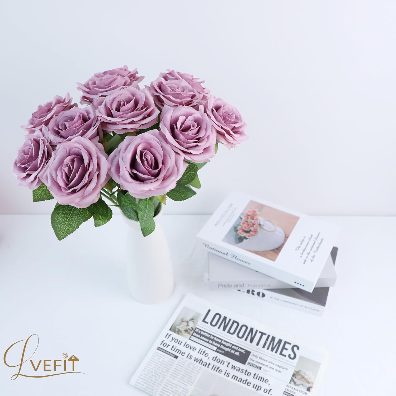 LVEFIT 12pcs Artificial Rose Flower Mauve Rose Flower with Long Stem Silk Roses Bouquet for Wedding Bridal Shower Party Home Decoration - Image 2