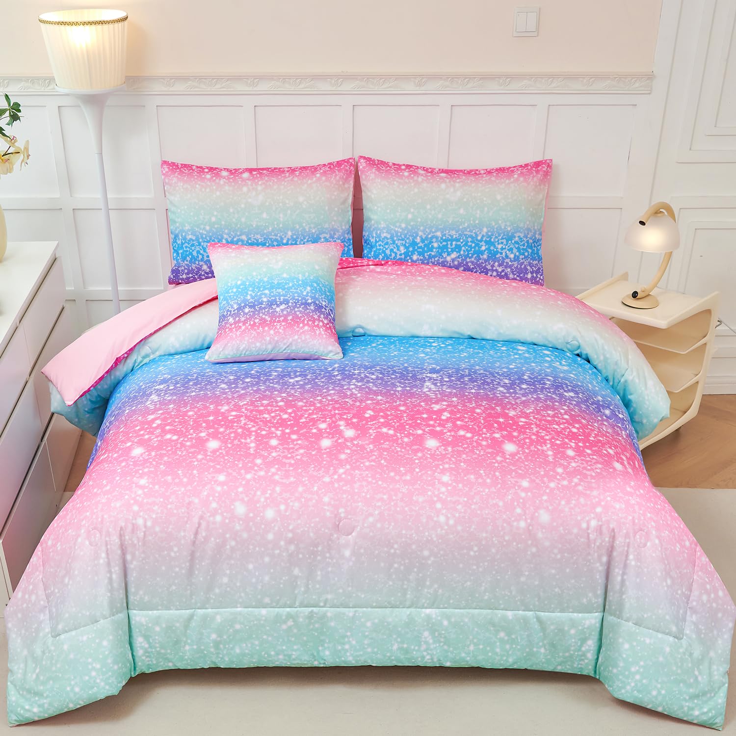 PERFEMET Girls Comforter Set with Sheets 6 Pieces Full Size Bedding Set Blue Pink Green Ombre Bed in A Bag Rainbow Tie Dye Kids Bed Sets Grandient