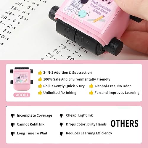 Miniatura 7 de Juego de sellos de rodillo de matemáticas para niños, paquete de 3 repuestos, suma y resta 2 en 1, sellos digitales autoentintados para profesores