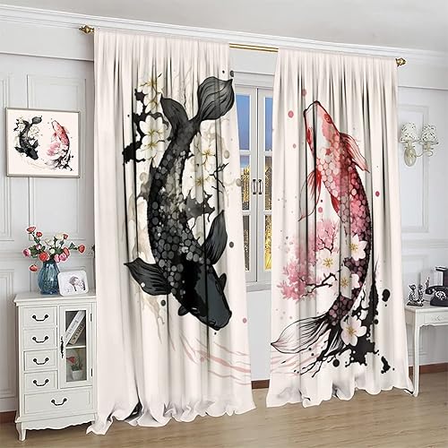 Miniatura 4 de Yin Yang - Cortinas opacas con diseño de pez Koi, flor de cerezo japonés, para oscurecer la habitación, decoración de ventana para sala de estar, 21