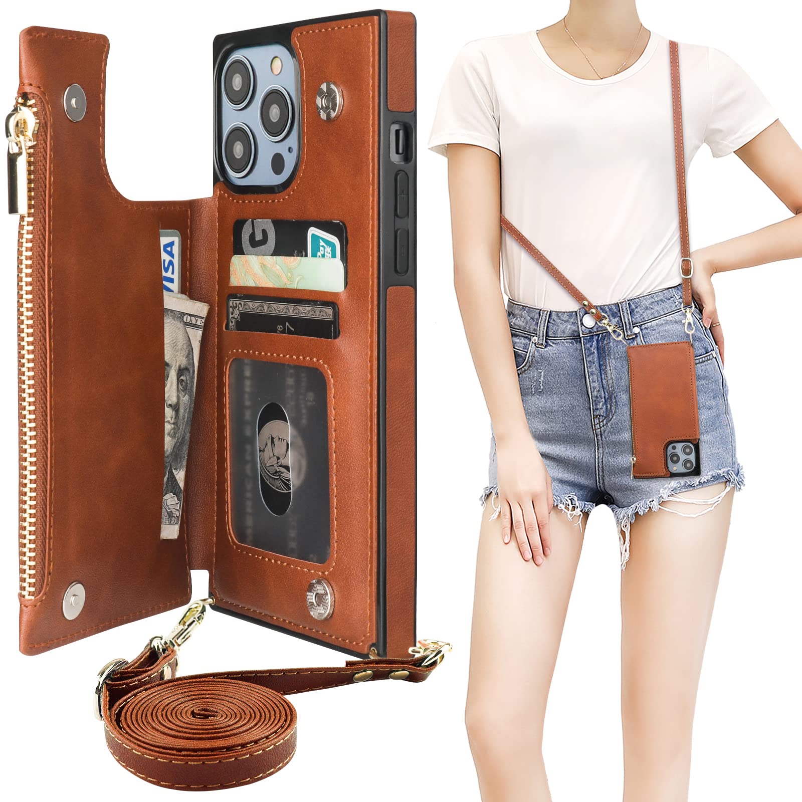 Bocasal Crossbody Wallet Case for iPhone 14 Pro Max with RFID Blocking Card Slot Holder, Magnetic Flip Folio Purse Case, PU Leather Zipper Handbag with Detachable Lanyard Strap 6.7 Inch 5G (Brown)