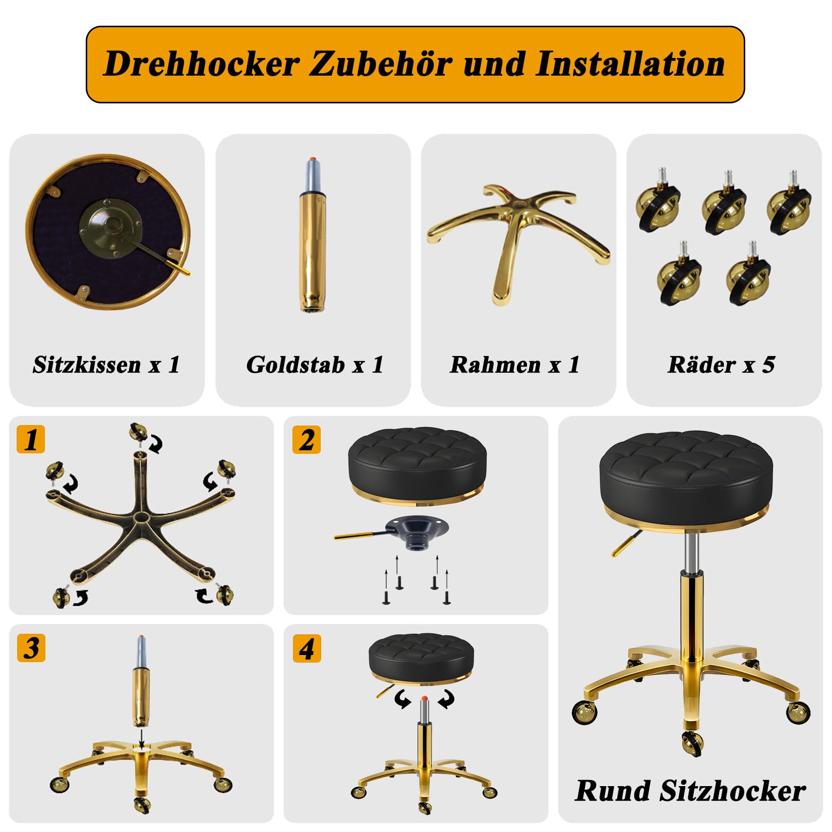Rollhocker Gold Hocker mit Rollen, Rund Drehhocker Höhenverstellbar 43-55 cm, Komfort PU Leder Bürohocker Arbeitshocker Belastbar Bis 150kg, Schminkhocker für Massage Salon Spa (Schwarz)