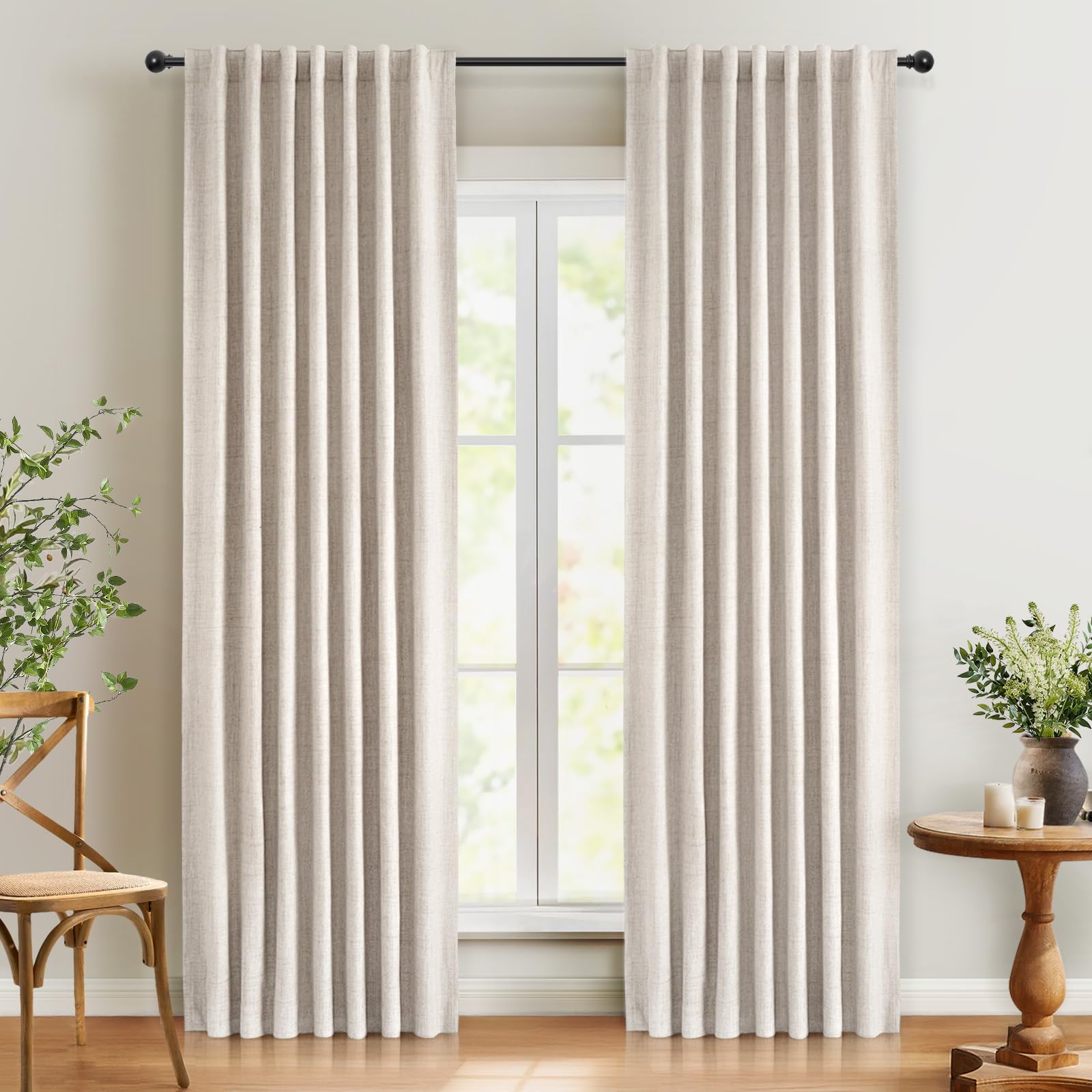 INOVADAY 100% Blackout Curtains 84 Inches Length 2 Panels Set, Back Tab/Rod Pocket Linen Black Out Curtains for Bedroom, Thermal Insulated Window Drapes - Cream, W50 X L84