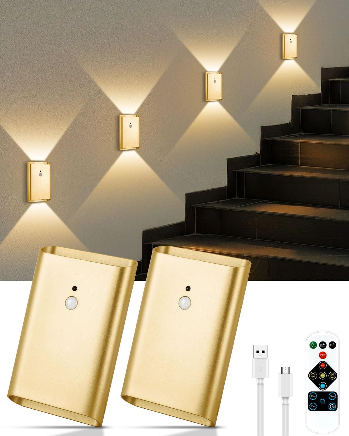 Rechargeable Motion Sensor Wall Sconce Set of 2 – 5000mAh Wireless Battery Operated Wall Light Indoor,3 Colors Up/Down Lighting Magnetic Night Light with Remote Control for Bedroom,Hallway (Gold)