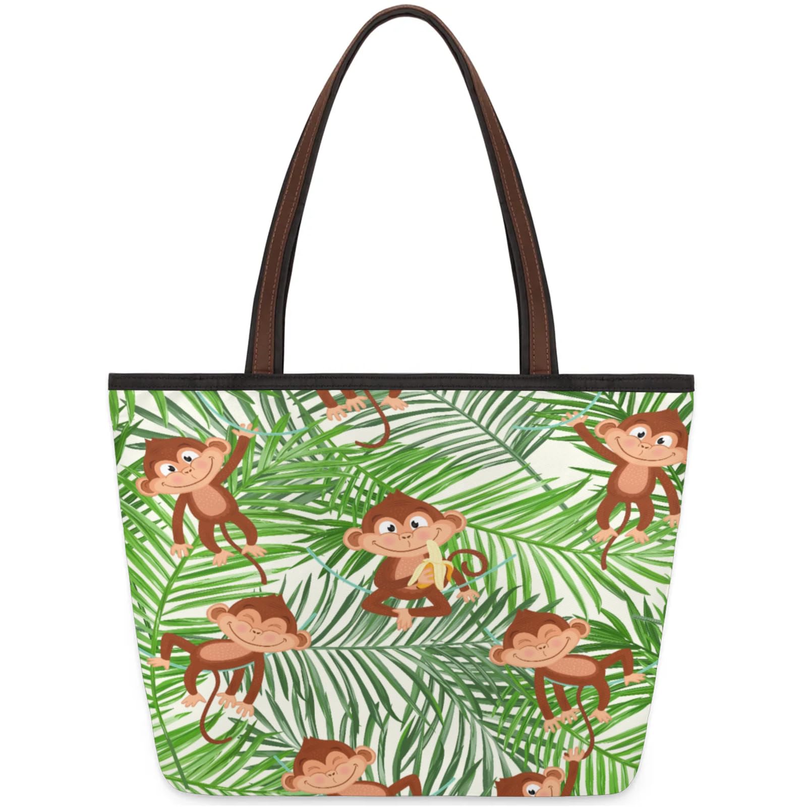 Palm Banana Monkeys Tote Bag Multi Pocket Zippered Beach Bag Lightweight Waterproof Handbag for Women Men Work Gym Travel Swimming Yoga Grocery Shopping M