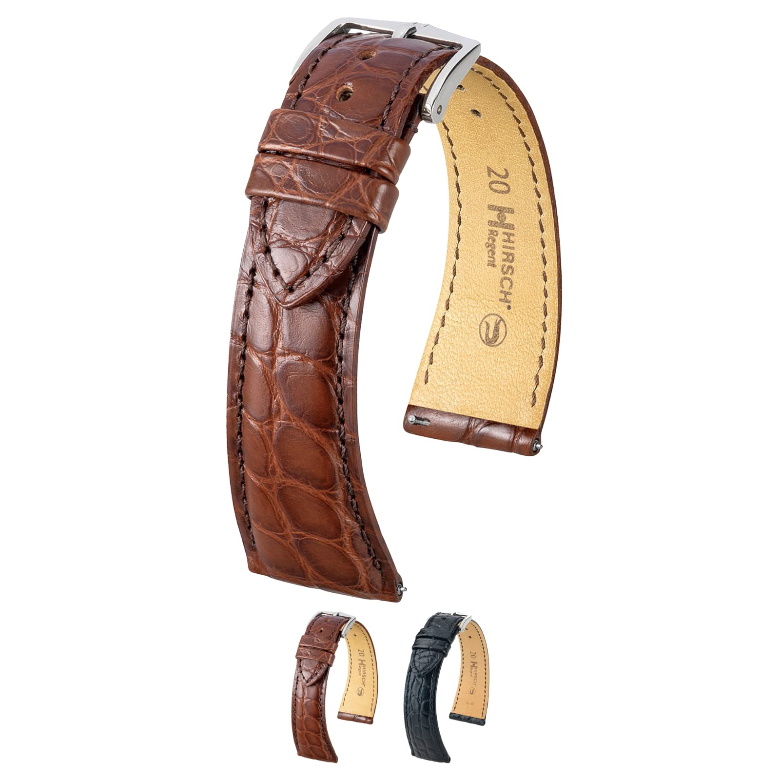 Hirsch Regent Alligator Watch Strap - Brown - L - 20mm / 16mm - Shiny Silver Buckle - Alligator Flank Leather Band