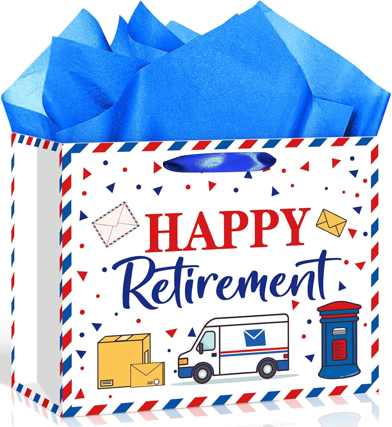 Mailman Retirement Gift Bag with Tissue Paper Card, Red Blue Mail Happy Retirement Gift Bags Mail Truck Mailbox Wrapping Paper Bag for Postal Worker Retired Farewell Going Away Party Favors