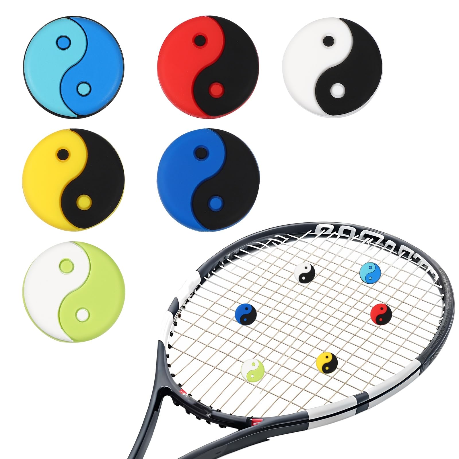 YELARXI Tennis Dampener, TaiChi Pattern Silicone Tennis Racket Dampeners Racket Shock Absorber Reduce Vibration Soft Cute Fit for (Players/Universal Fit for All Racquets) 6Pcs & 6 Colors