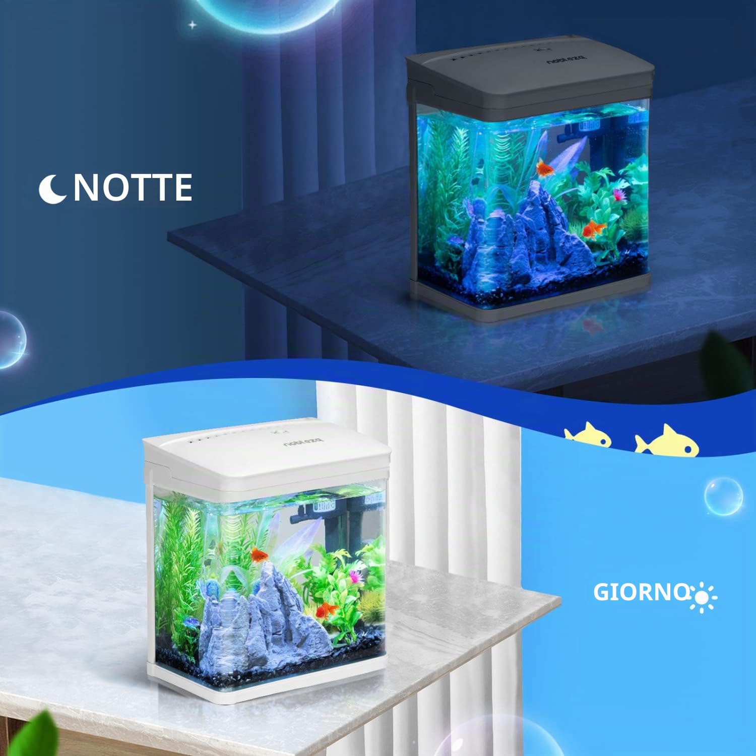 Nobleza - Nano Acquario in Vetro e Plastica per Pesci Acqua Tropicali con Illuminazione a LED e Filtro Inclusa. 7 Litri, Colore Bianco.