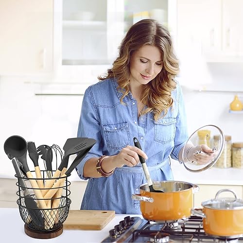 Miniatura 3 de SODSAI Soporte grande para utensilios en elegante negro mate con base de madera rústica para cocinas modernas, organizador espacioso y resistente al