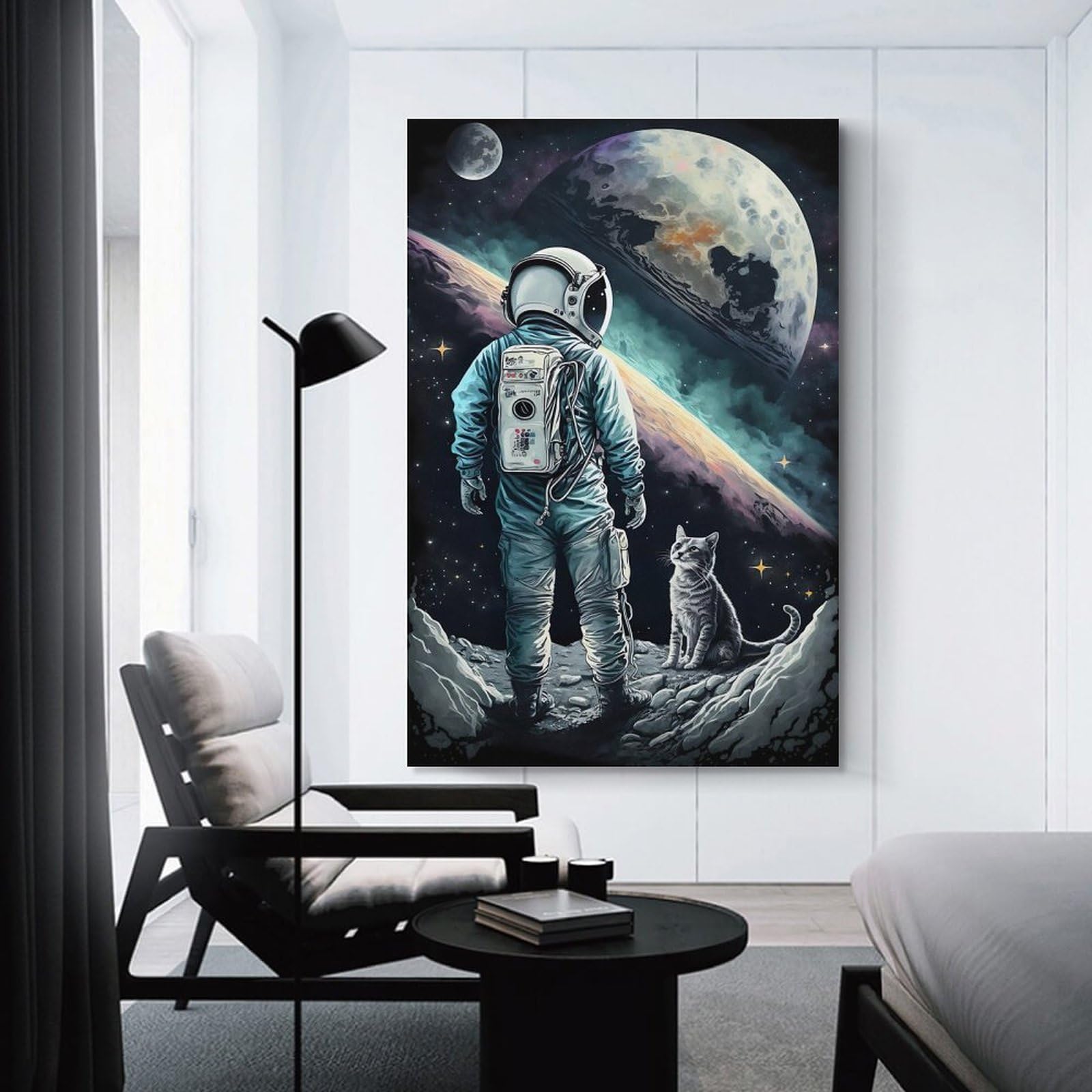 Junmoney Unframe-Style Astronaut Cat Moon Space Home Decor Wall Art 24X36inch(60X90cm), For Bedroom, Guest Room Or Reading Nook, Decorative Wall Art For Cosy Rooms