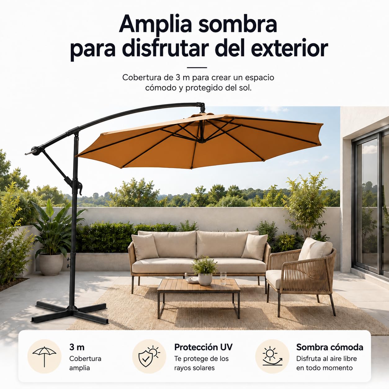 Sombrilla Terraza Exterior 3 m Lateral Inclinable 360° – Parasol Excéntrico de Jardín con Manivela, Mástil Lateral, Protección UV, Tejido Impermeable, Kaki (sin base)