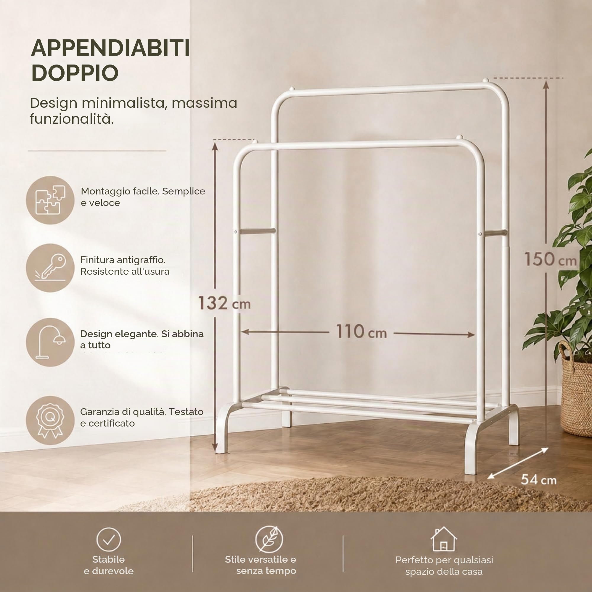 edihome, Stand Appendiabiti, Doppio, 110 x 150 x 54 cm, Vestitore, Appendiabiti da Terra, Resistente, Metallico, con Supporto per Scarpe (Bianco Doppio)