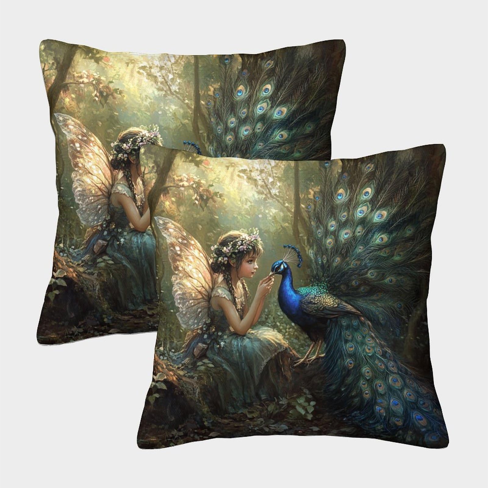 kaiyun 2 Pack 50x50cm Pillow Cases,Young Forest Nymph,Ppeacock Decorative 3D Printed Cushion Cover,sofa Bed Decorative Cushions