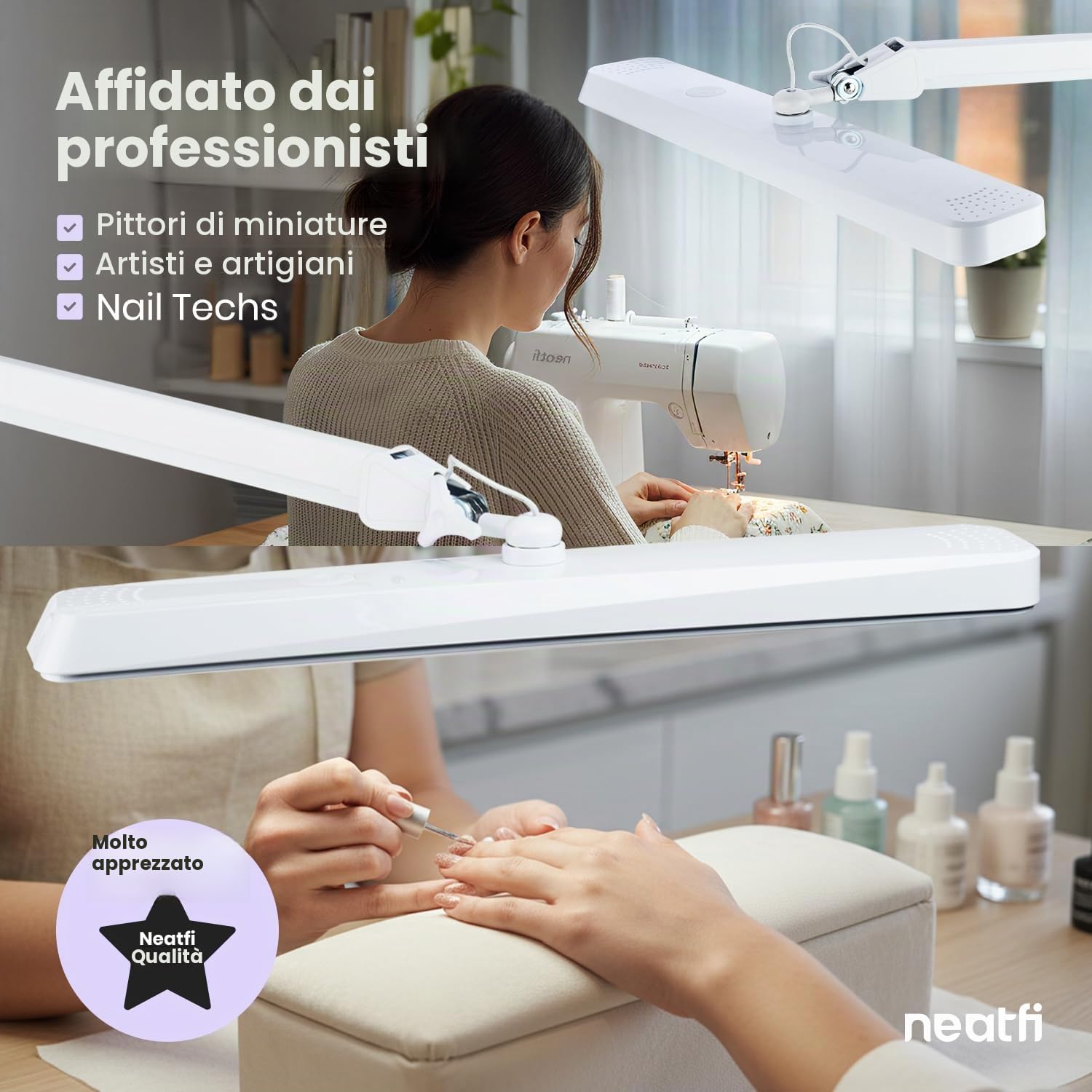 Neatfi XL Lampada da Scrivania LED – Testa da 56 cm | 324 LED SMD | 5 Modalità di Luce | Dimmerabile | Braccio Regolabile con Morsetto | Luce da Tavolo per Casa e Ufficio (Bianco, CCT con morsetto)
