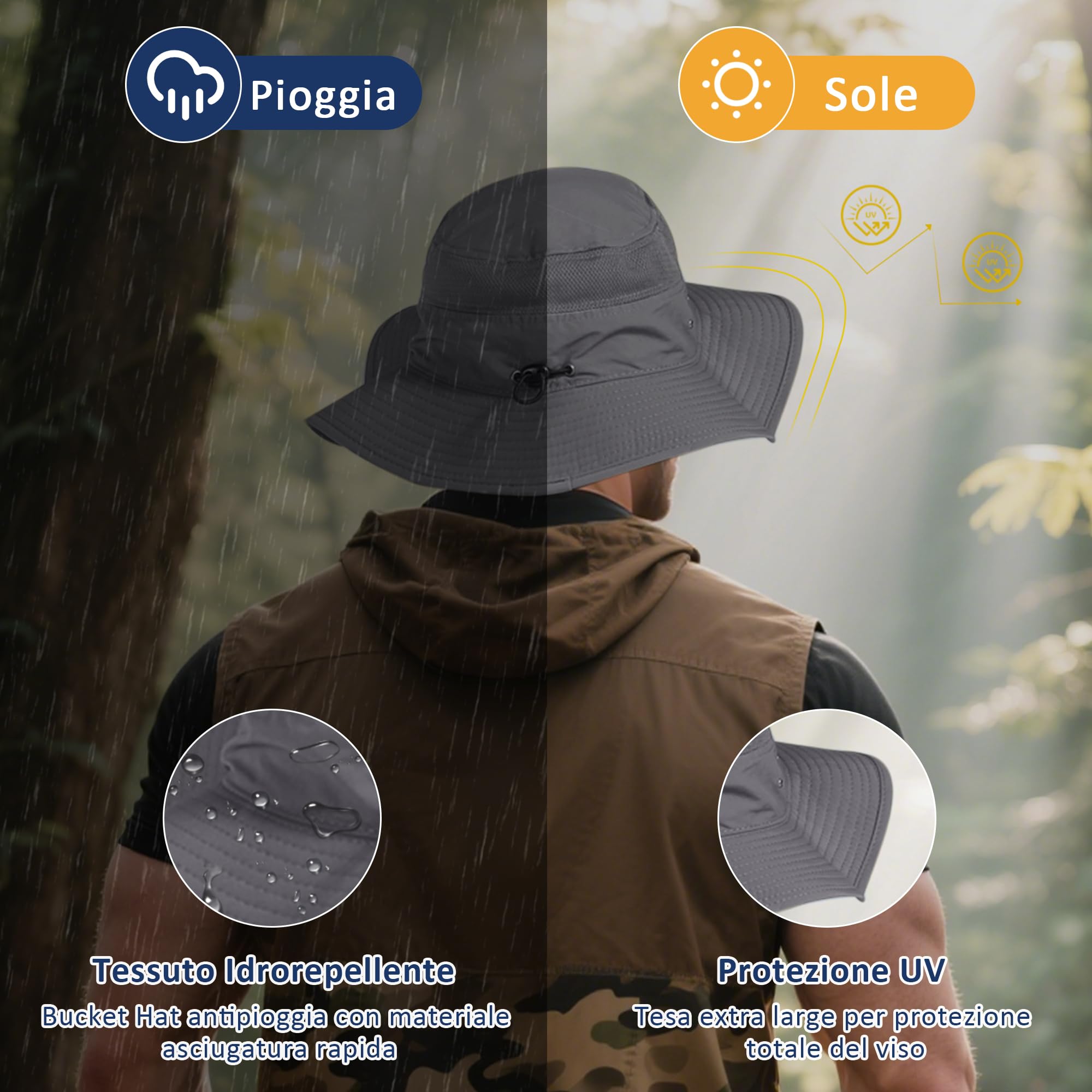 Uomo Donna Cappello da Pesca Antivento Protezione UV UPF 50+ Viaggio attività Escursionismo Vacanza Arrampicata Campeggio All'aperto Safari Hat 56-62cm