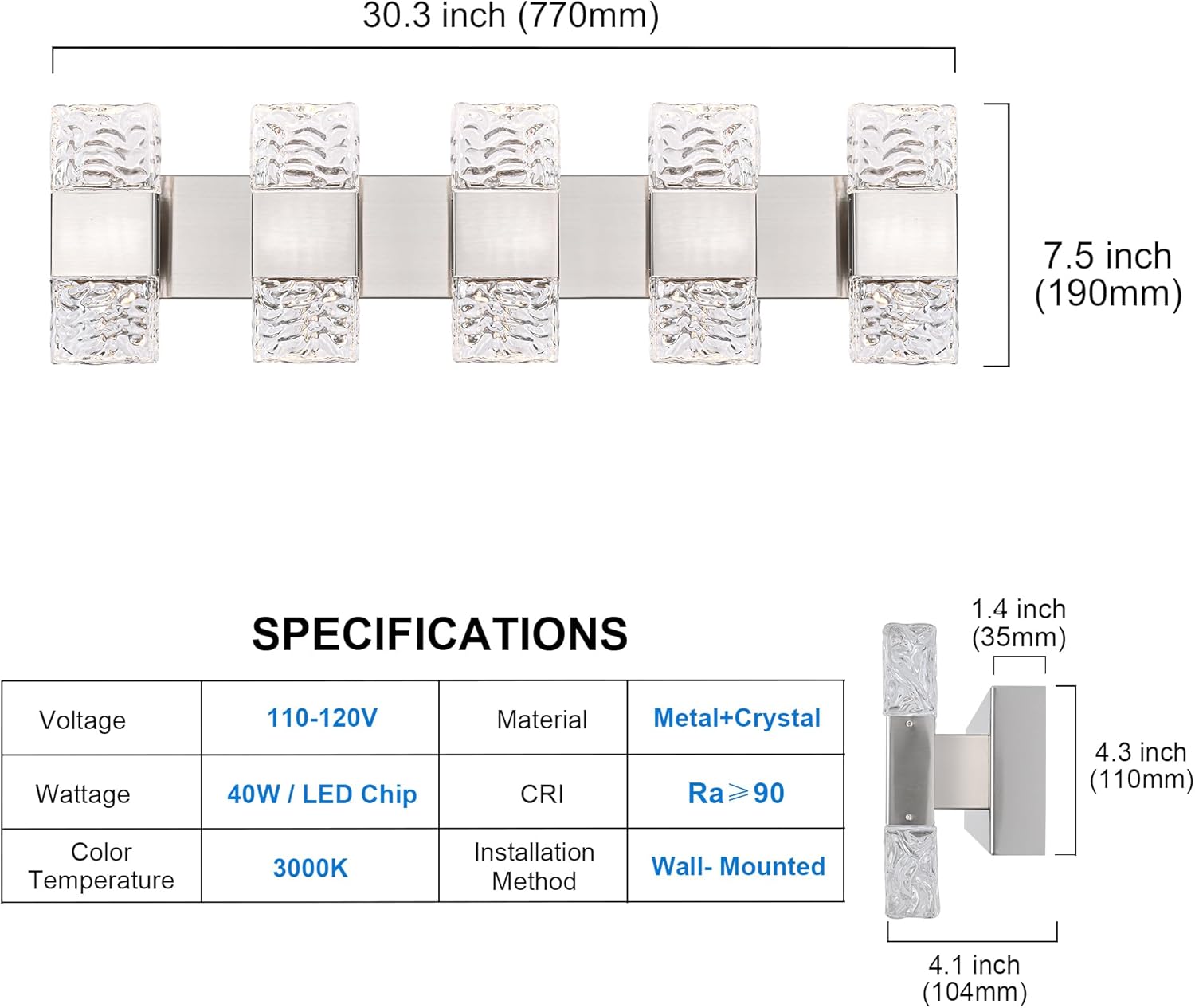 MELUCEE 30.3 in LED Bathroom Lighting Fixtures Dimmable 40W LED Vanity Light Brushed Nickel Modern Bathroom Light Bar Crystal Wall Sconce for Bath Restroom Powder Room, 3000K Warm Lighting