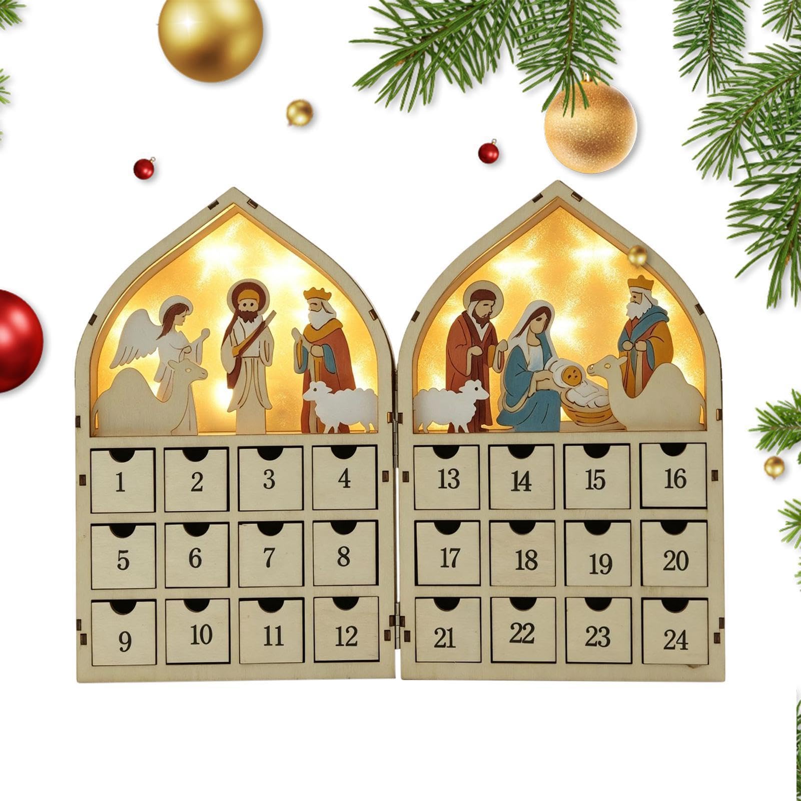Calendrier de l'Avent en Bois Boîte à Ornements de Crèche de Noël avec 24