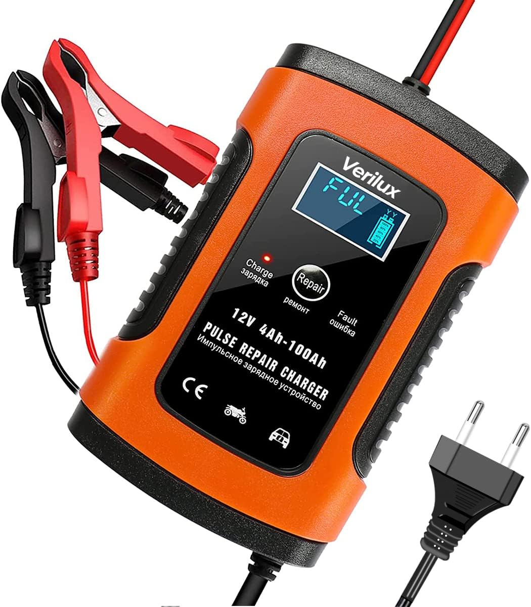 Fully Automatic Battery Charger 5A 12V, Car Battery Charger & Maintainer- EU Plugfor Car, Motorcycle, Lawn Mower and More(Red)