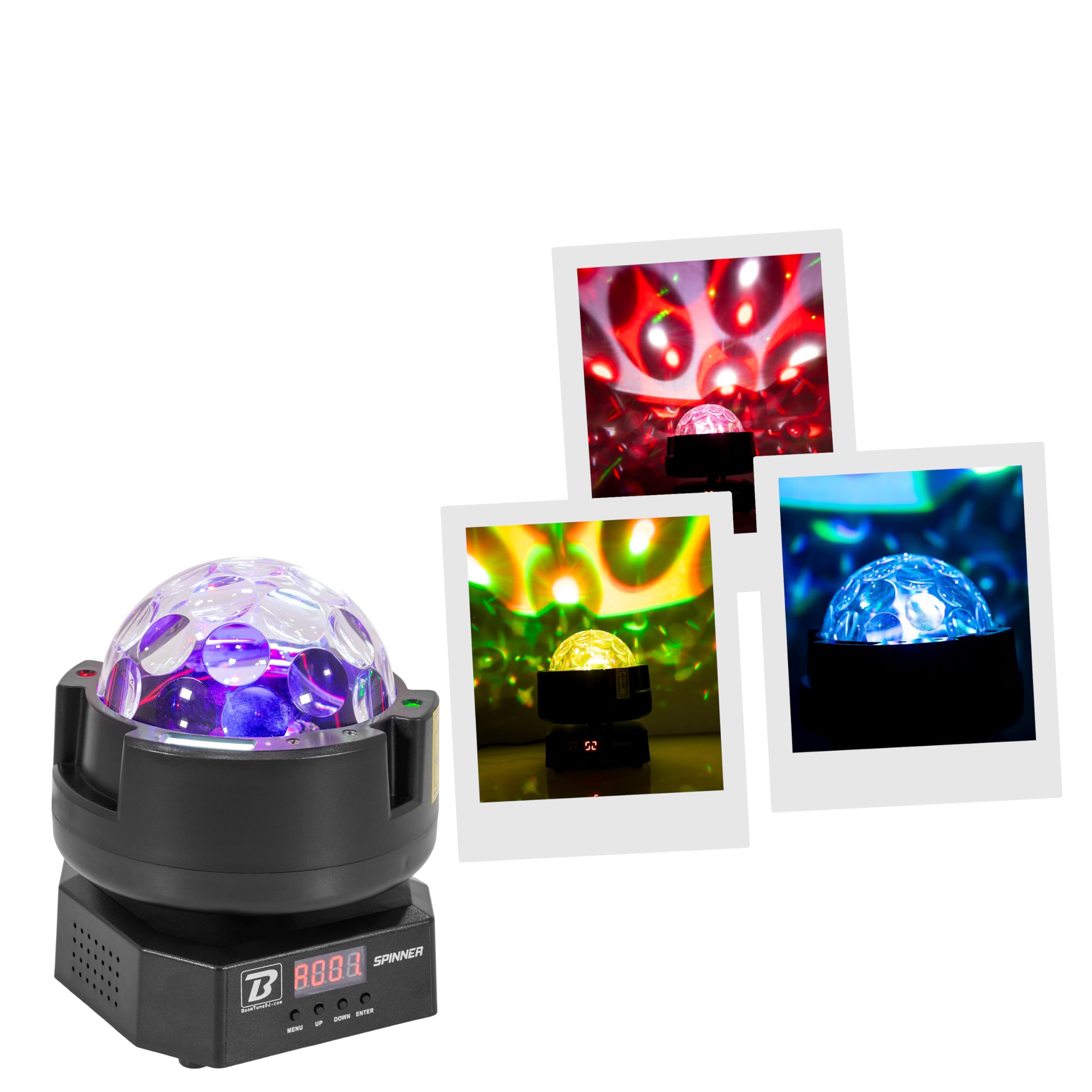 BoomToneDJ Spinner 3-in-1-LED-Lichtspiel, Multi-Strahleffekt, Stroboskop, Lichtstrahlen grün/rot, DMX-Steuerung, IR-Fernbedienung enthalten