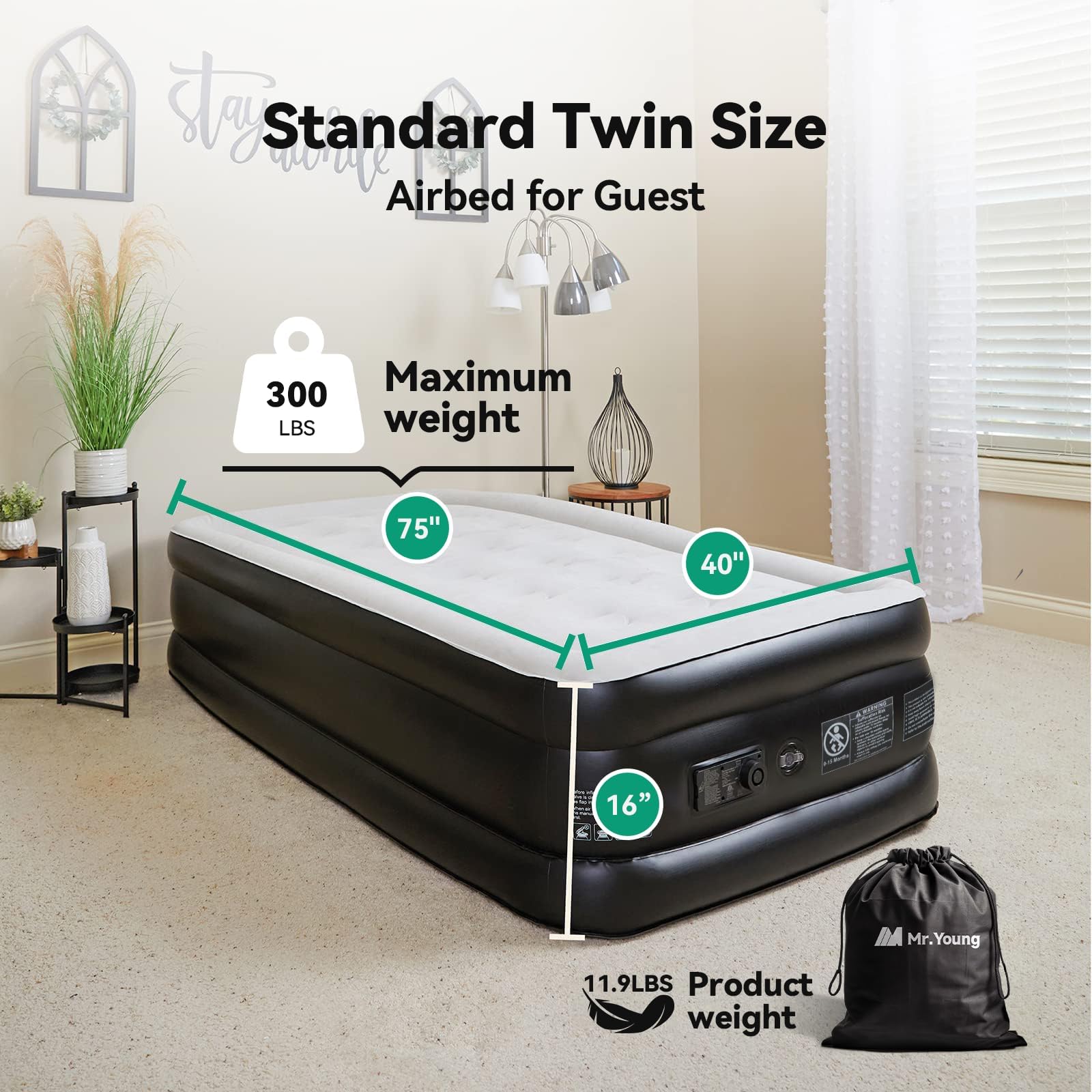 Twin Air Mattress with Built-in Pump for Guest, 16" Tall Inflatable Air Bed with Carrying Bag for Camping, Foldable & Portable Blow up Air Mattresses