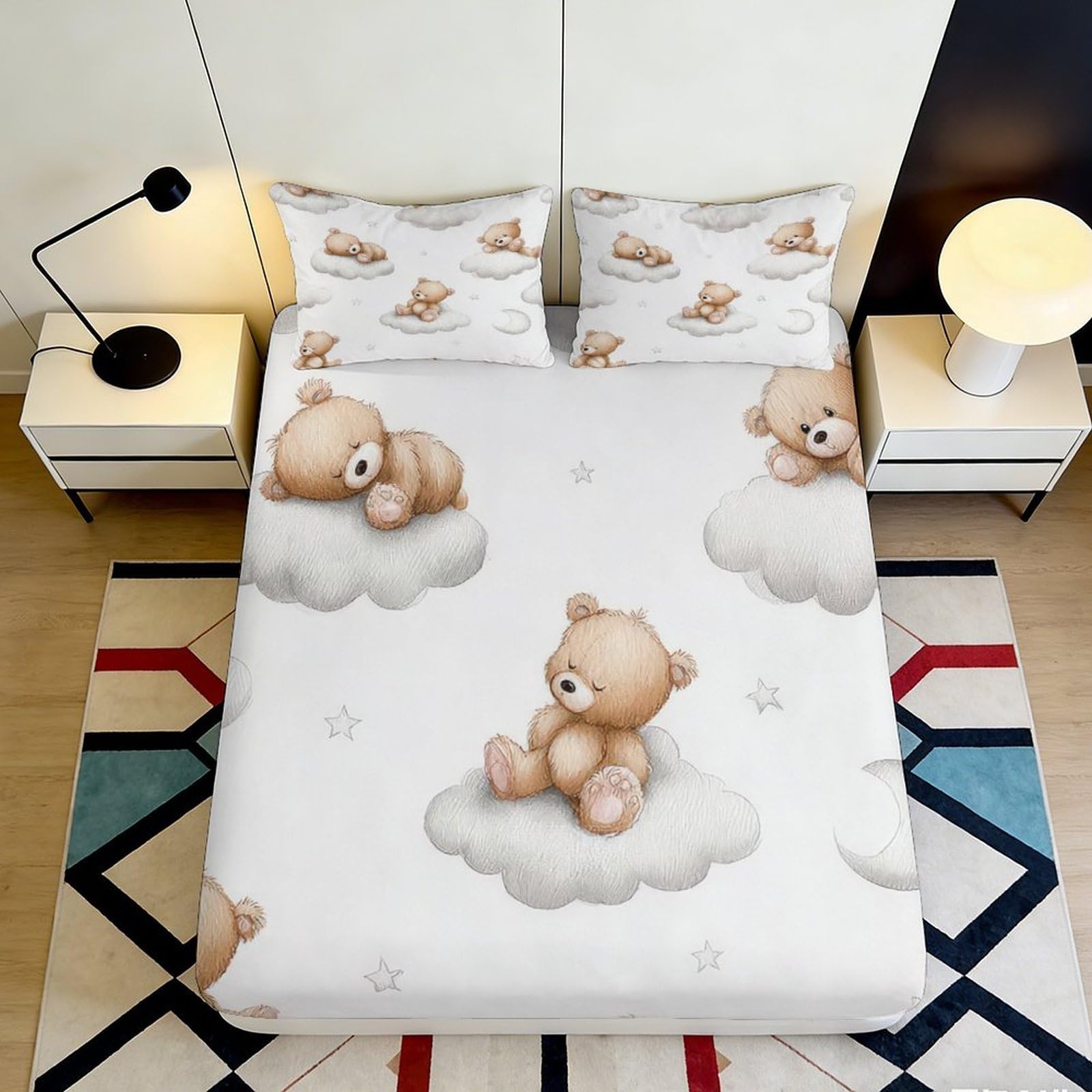 Uynsixtme Style-6 3D Printed Cute Teddy Bear Fitted Sheet Microfiber Deep Pocket Non-Slip Bedroom Bedding Teddy Bear Mattress Fitted Cover 200X200x25cm