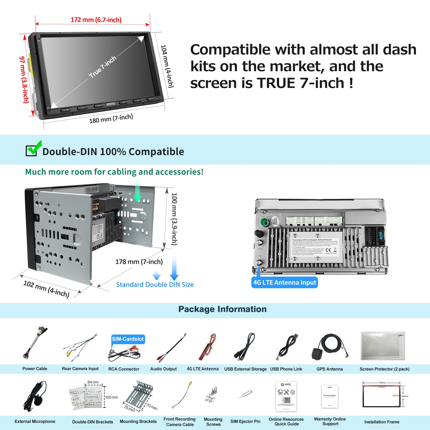 ATOTO S8 7" QLED 6G+128G Autoradio 2 din Android GPS per auto, CarPlay & Android Auto senza fili , 4G LTE integrato, Tethering WIFI/USB/BT, 2 Bluetooth con aptX HD,4*49W Amp, DSP, LRV&SCVC, S8G2A79UN
