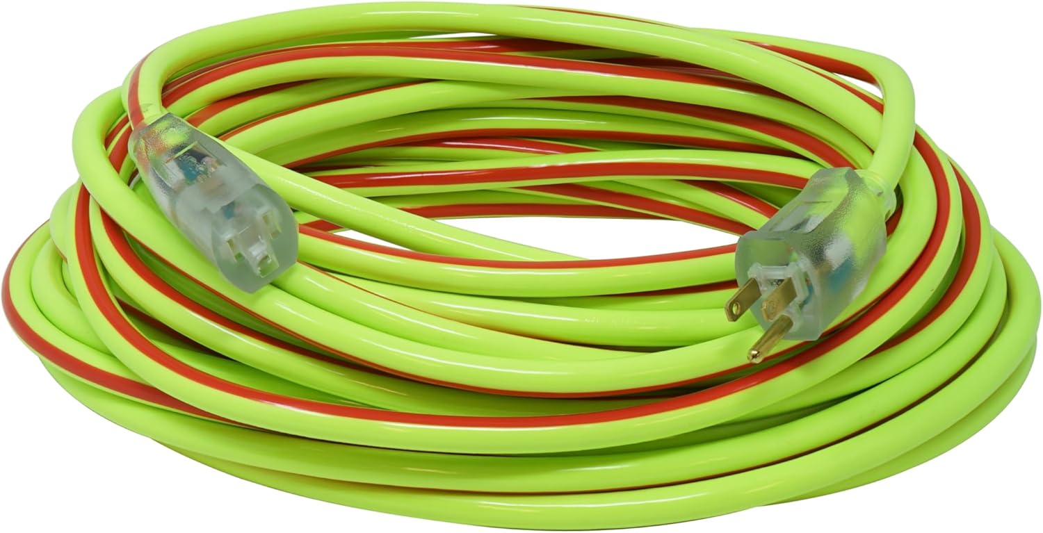 Southwire Heavy Duty Extension Cord, 50Ft, 12 Gauge, 3 Conductor, Neon Extension Cord, SJTW, Red and Green, 2548SW0054