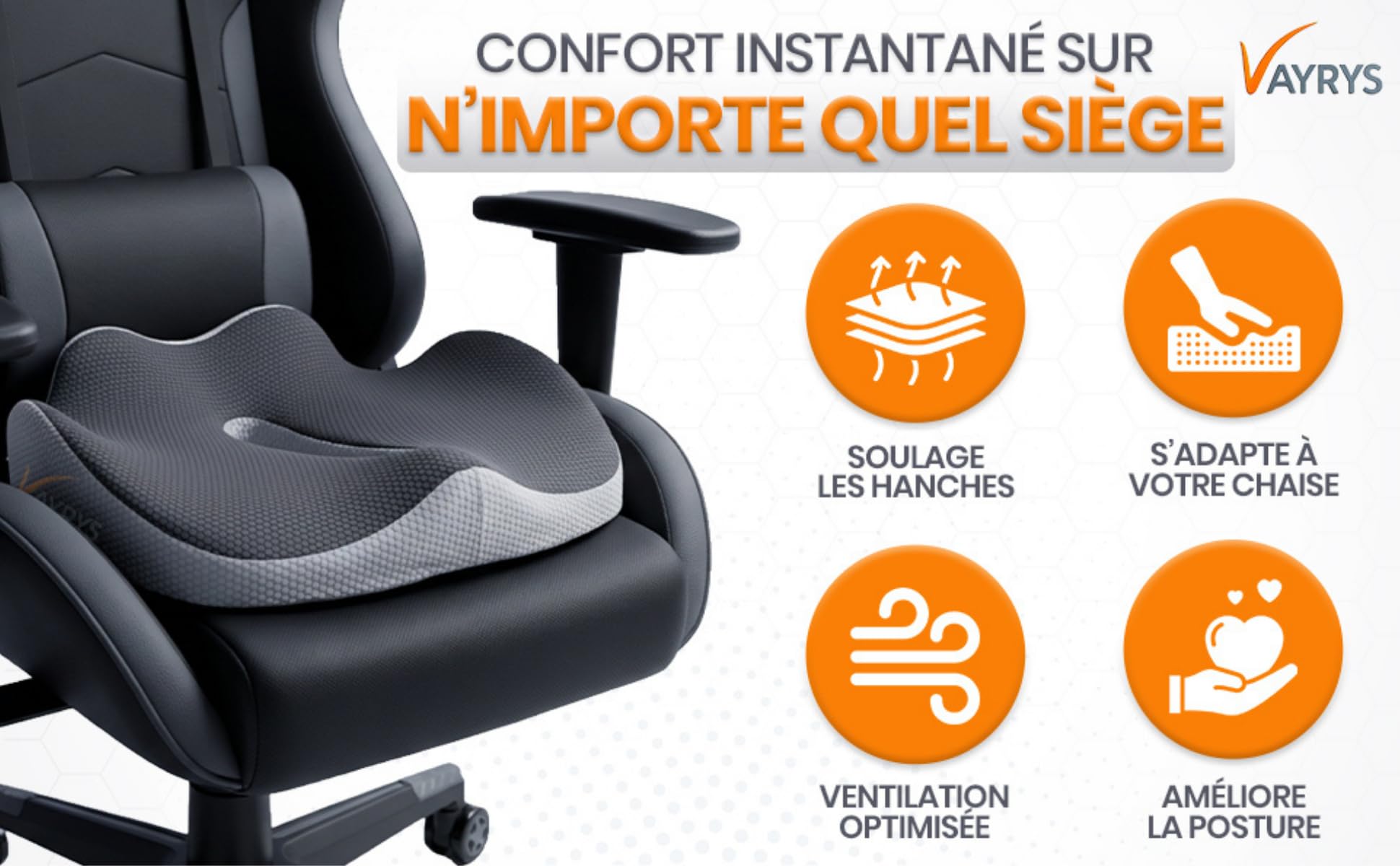 Coussin Ergonomique Assise – Mousse Mémoire de Forme – Coccyx, Bureau, Voiture – Soutien Lombaire, Respirant, Housse Amovible (Gris)