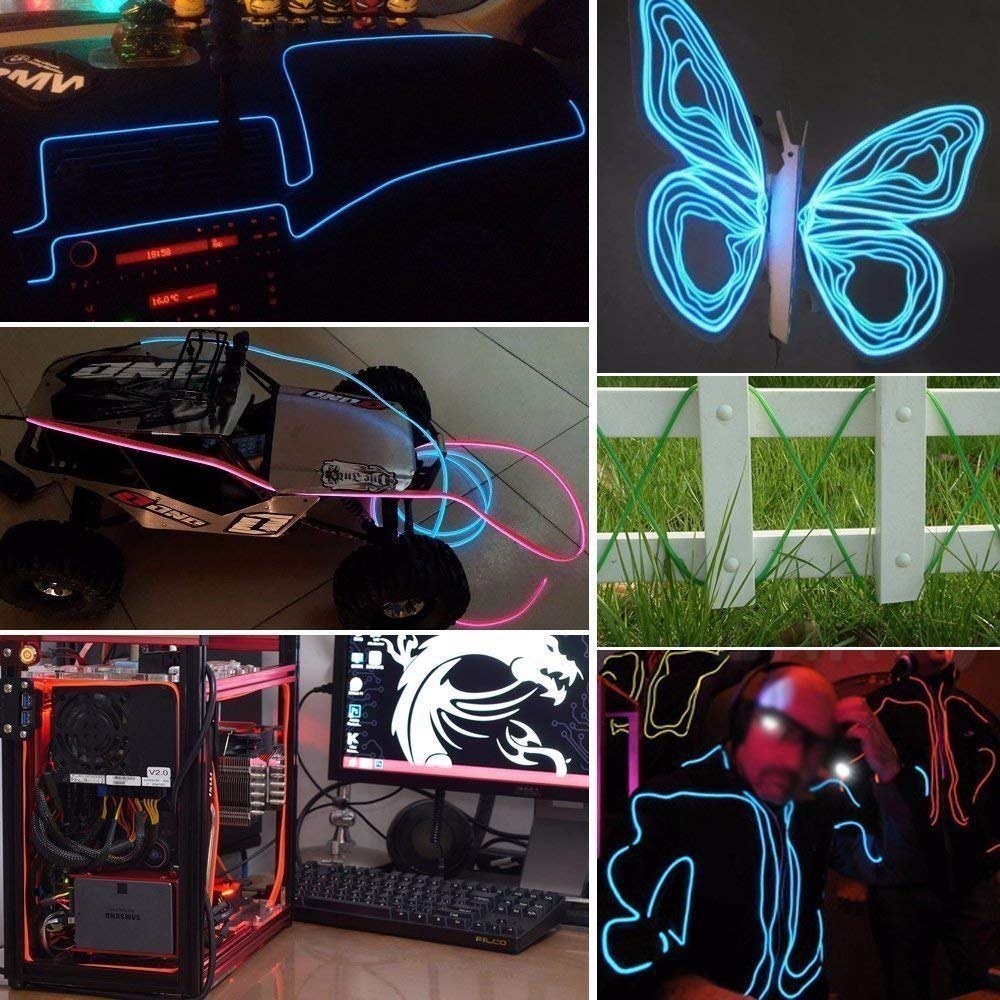 AUDEW 1M x 5 diferente neón EL Wire alambre guirnalda colores con brillante electroluminiscente pila caja para noche, partido, boda, coche / empresa (Blanco + Rosa + Rojo + Verde + Azul)