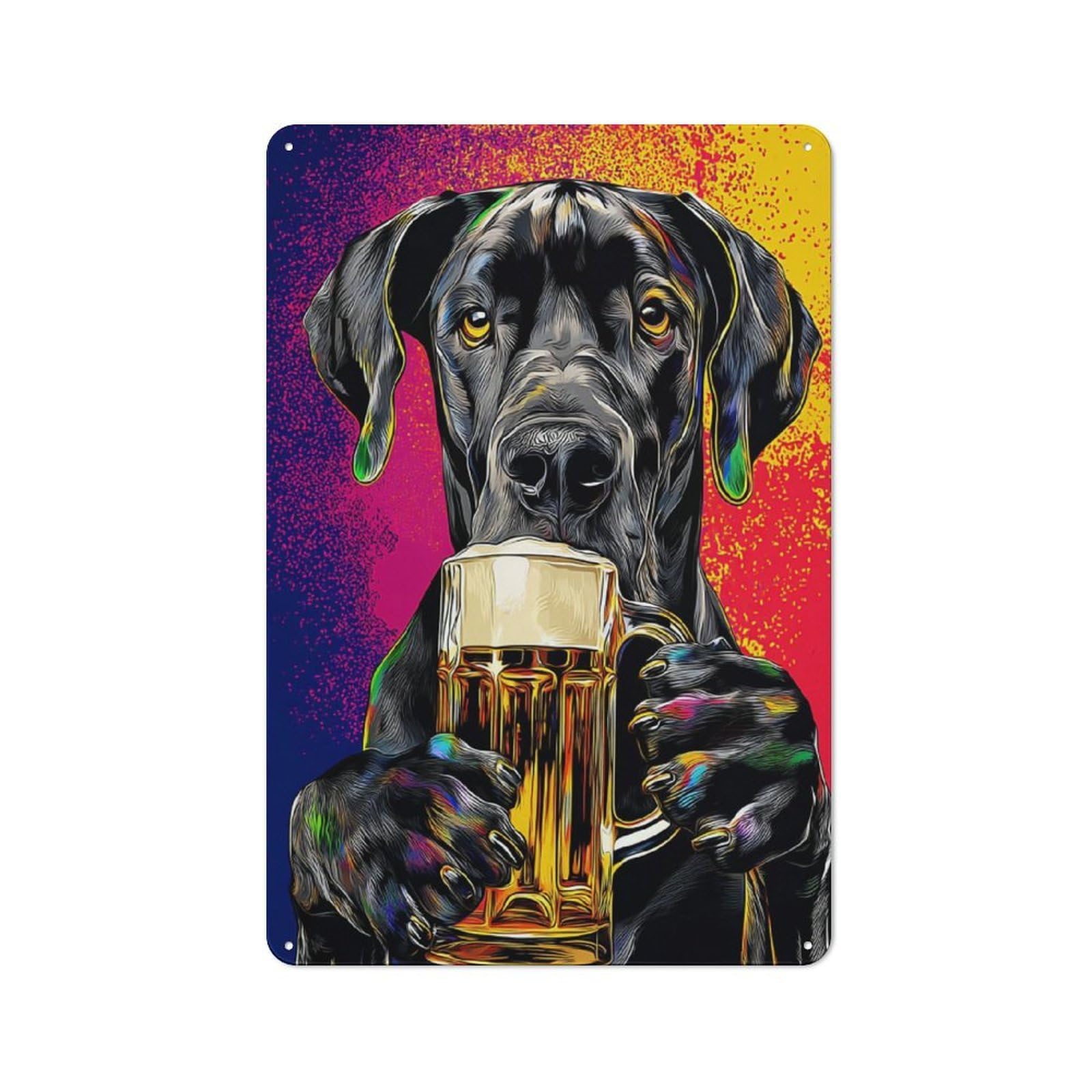 Dog Drinking Beer Colorful Artwork Classic Metal Wall Decor 30x20cm, Decorative Tin Plaque for Cafe, Pub, Workshop Or Home Bar