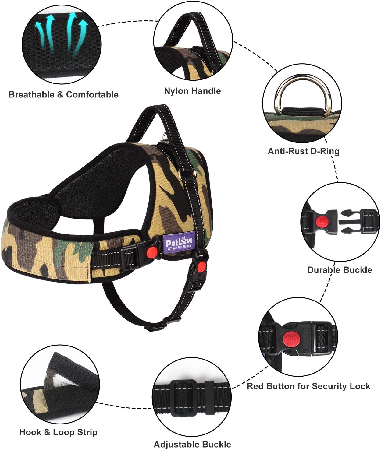 PETLOFT Dog Harness, Adjustable Soft Leash Padded No Pull Dog Harness for Small Medium Large Dogs Camouflage - Image 3