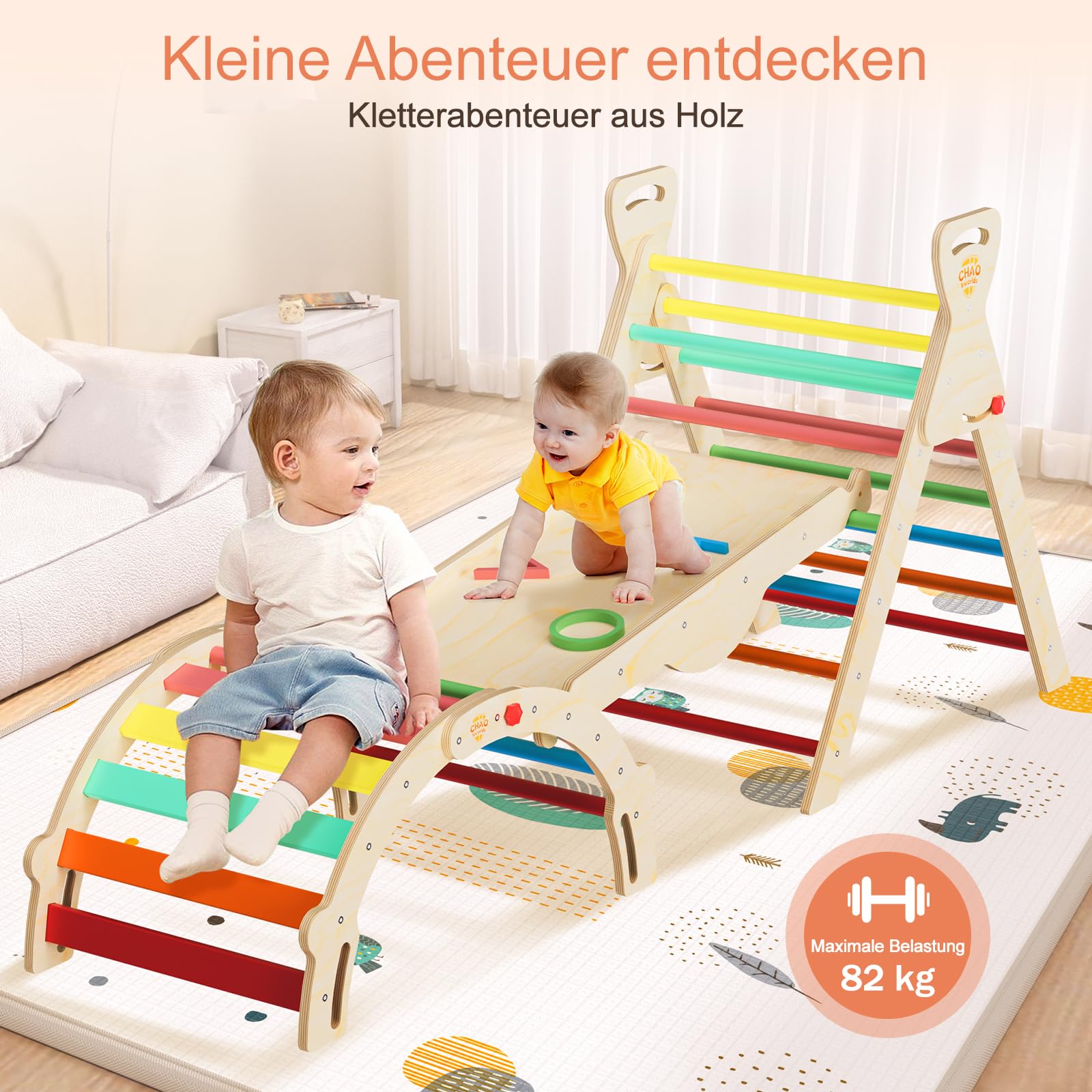 Pikler Dreieck 8-in-1 klappbar, Montessori Klettergerüst Indoor aus Holz mit Rutsche, Kletterbogen und Rampe für Kinder 1–6 Jahre stabil und platzsparend, Regenbogenfarben