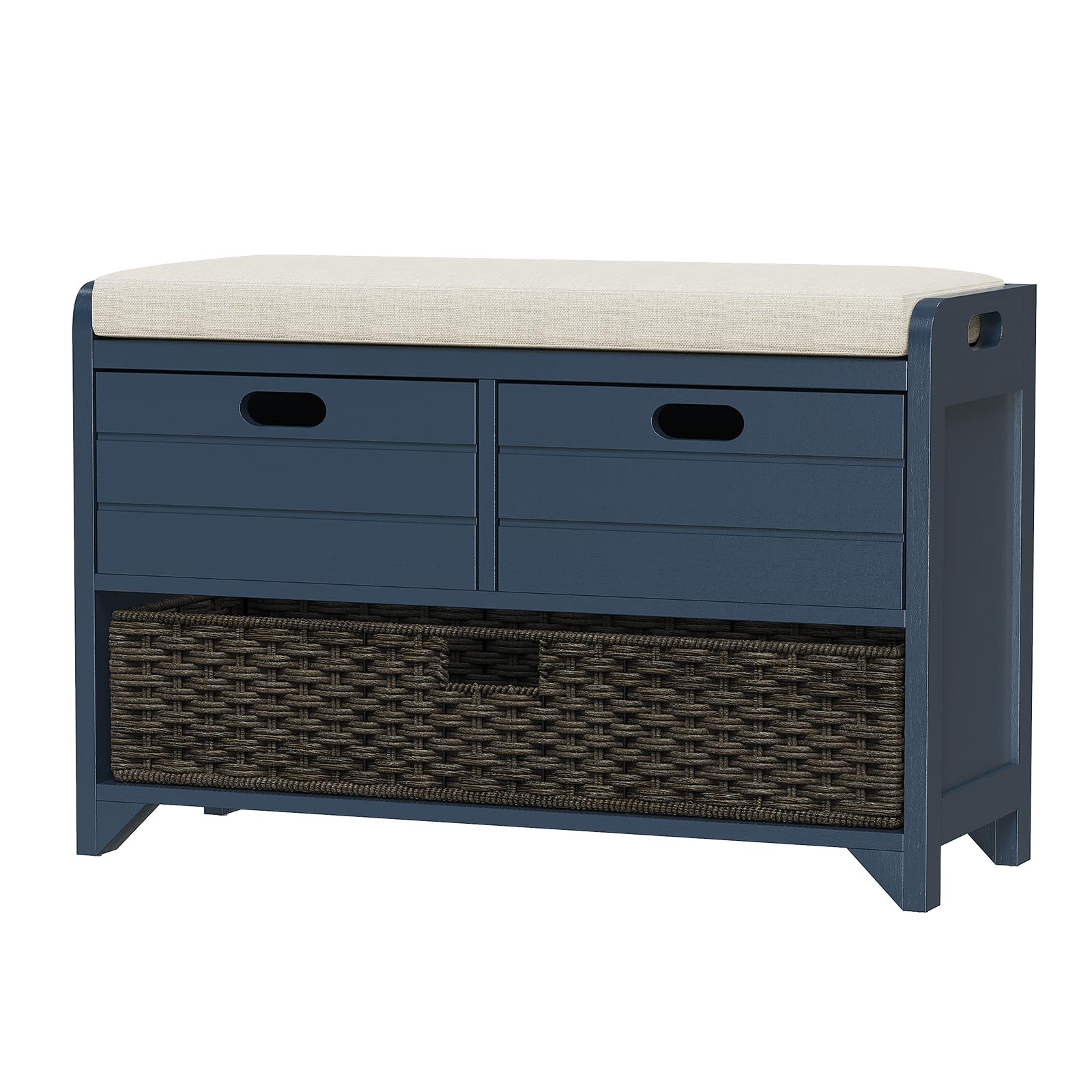 Photo 1 of ROOMTEC 32" Storage Bench for Entryway, Shoe Bench with Storage Removable Basket and 2 Drawers, Entryway Bench with Shoe Storage, Entryway Storage for Living Room, Navy 32"W x 11.8"D x 20"H Navy